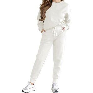 Women 2 Piece Sweatsuit Outfit Crewneck Sweatshirts Jogger Pants White Small